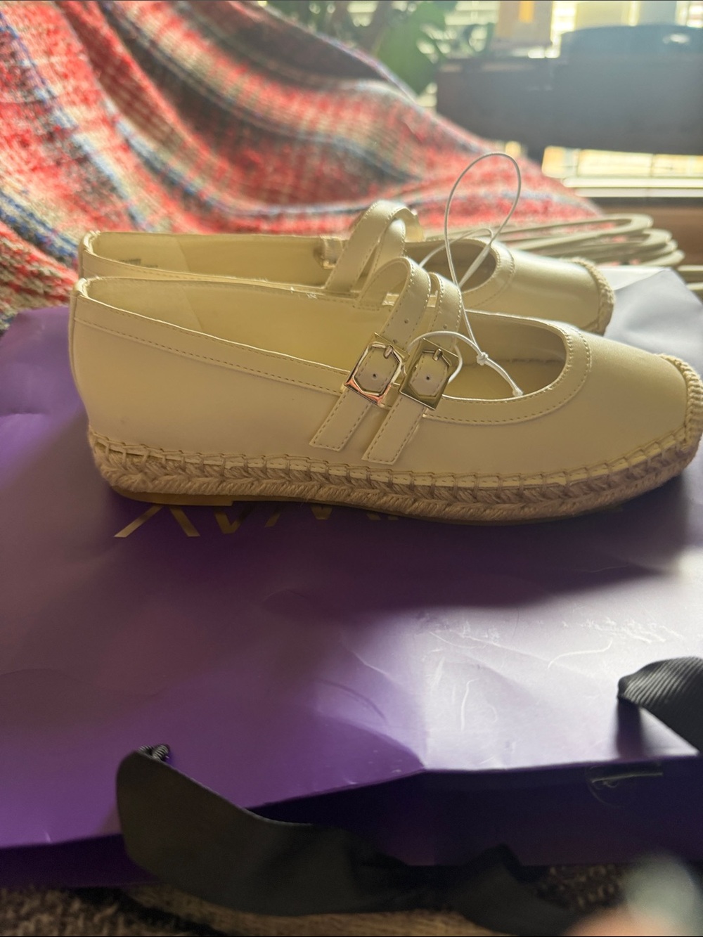 Vince Camuto Cream Double-Buckle Espadrille Mary Jane Flats